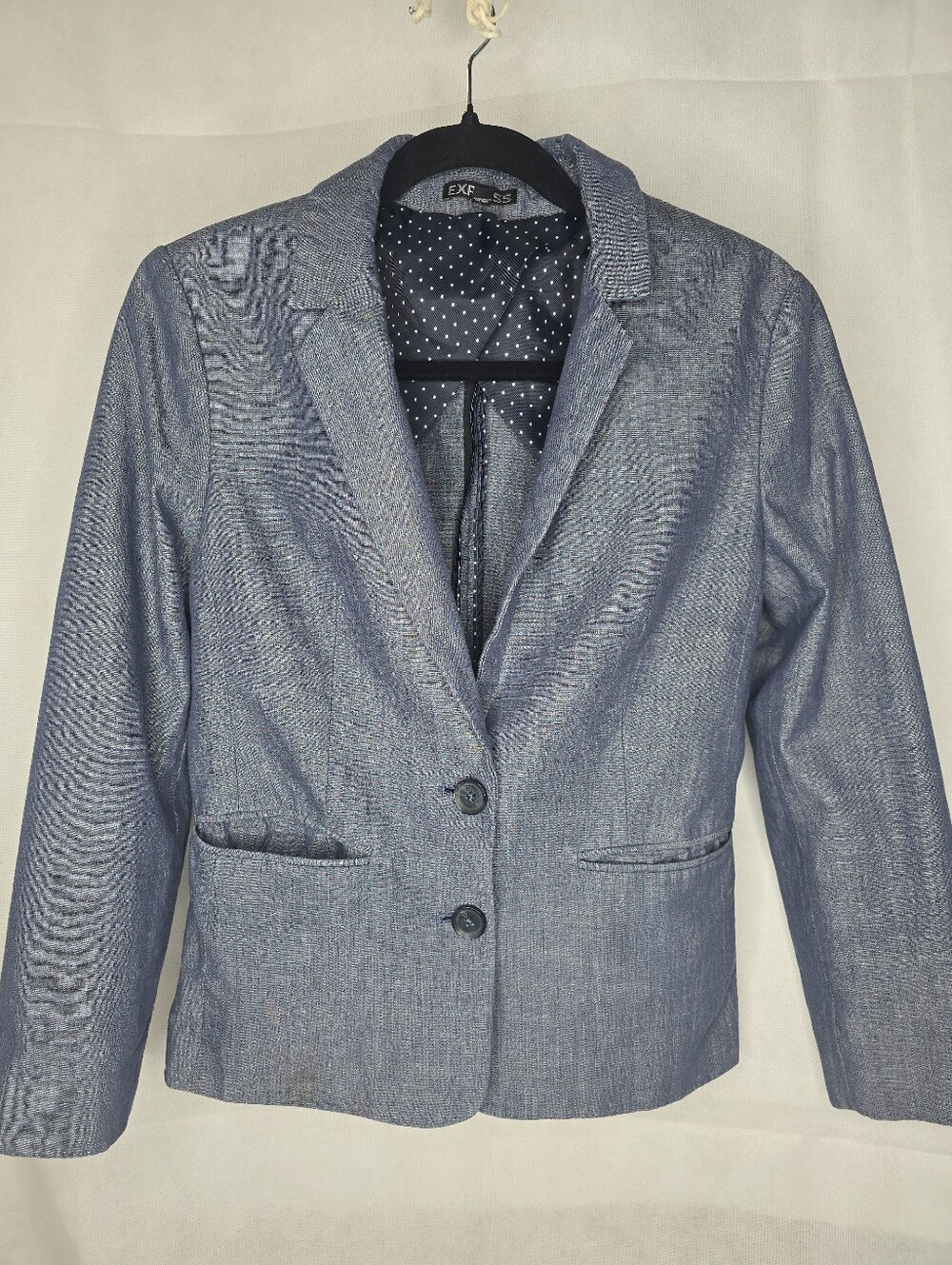 Express Chambray Blazer Blue Cotton Tailored 2 Button Polka Dot Lining Office 8